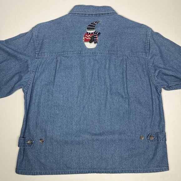 Vintage Christopher & Banks Womens Size M Blue Denim Snowman Crop Shirt Jacket - Picture 7 of 11